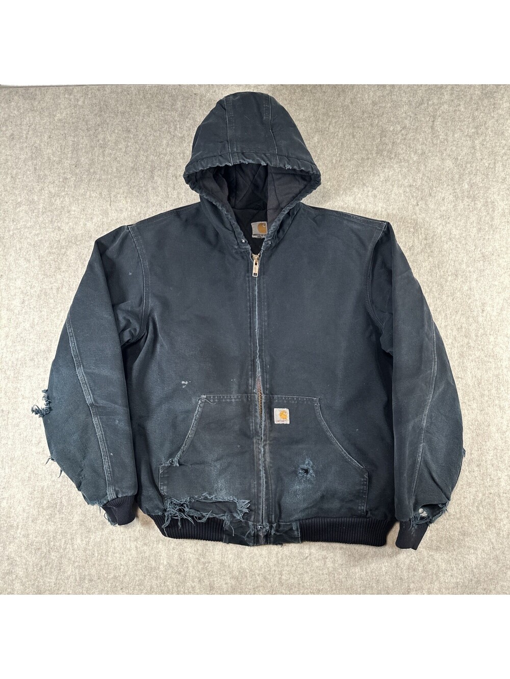 Vintage Carhartt Jacket XL Tall Black Hooded J140 Quilted Workwear Thrashed